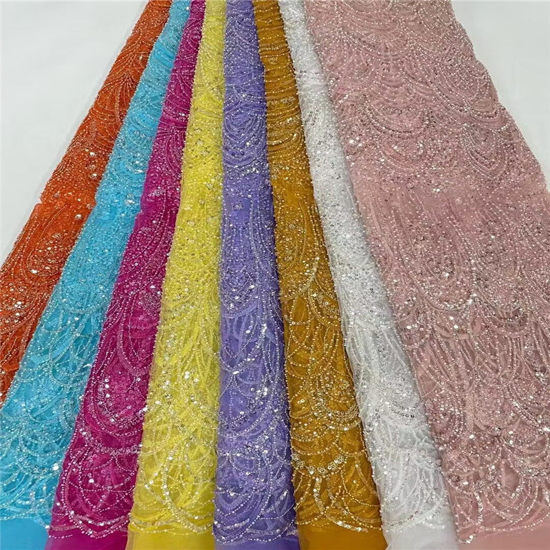 Tissu de broderie de tube perlé à paillettes à motif ondulé