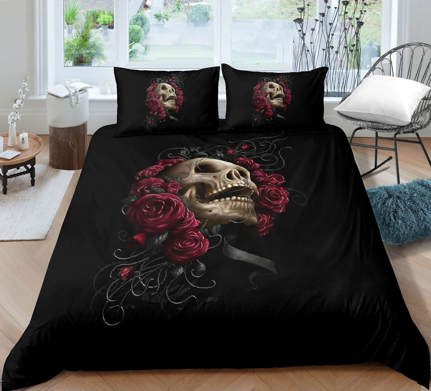 Juego de sábanas y fundas de edredón y almohadas con estampado digital 3D de calaveras de moda de tres piezas