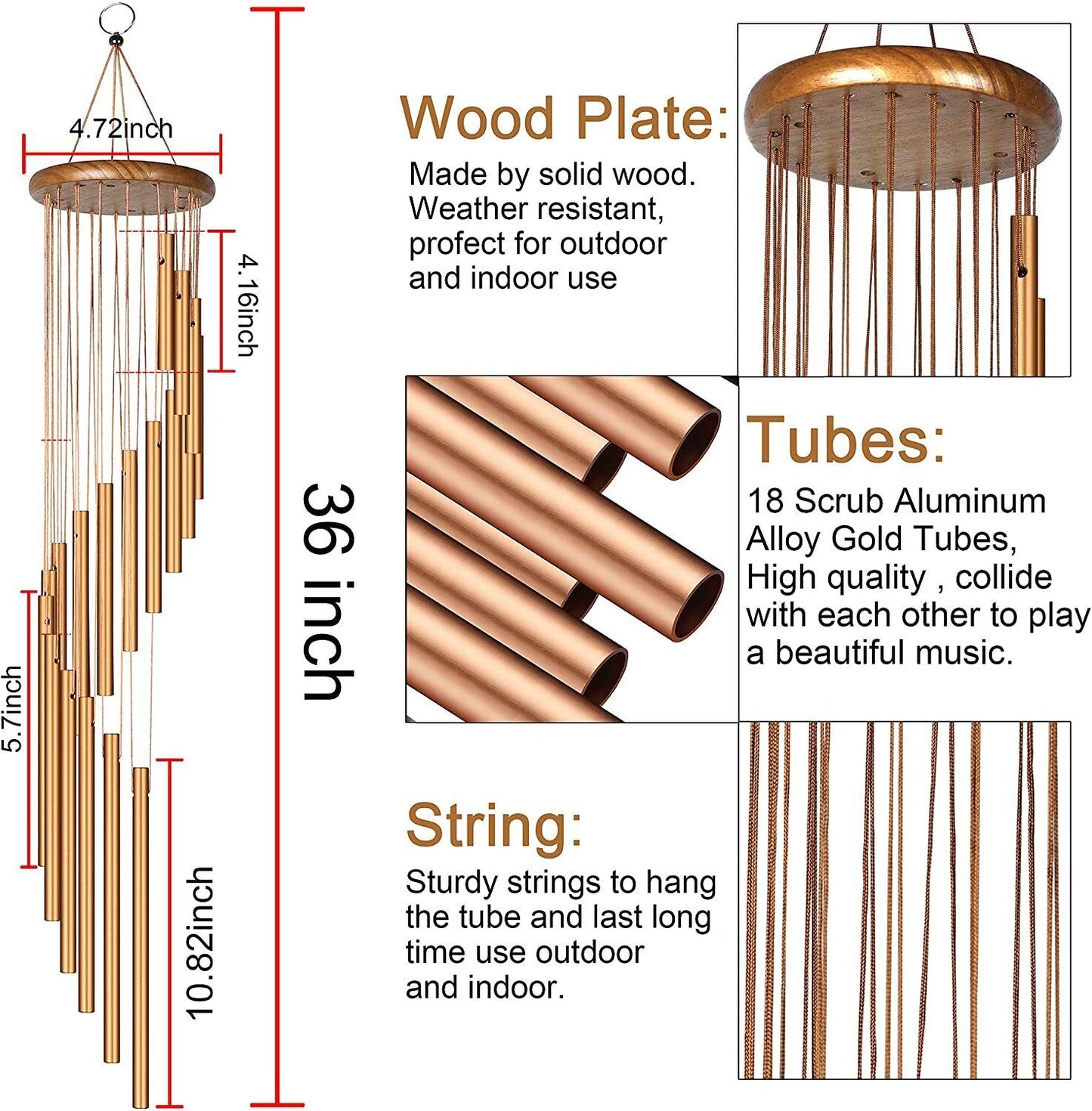 Campanas de viento para exteriores de 35 pulgadas, grandes, 18 tubos, campanas de capilla de tono profundo para decoración de jardín