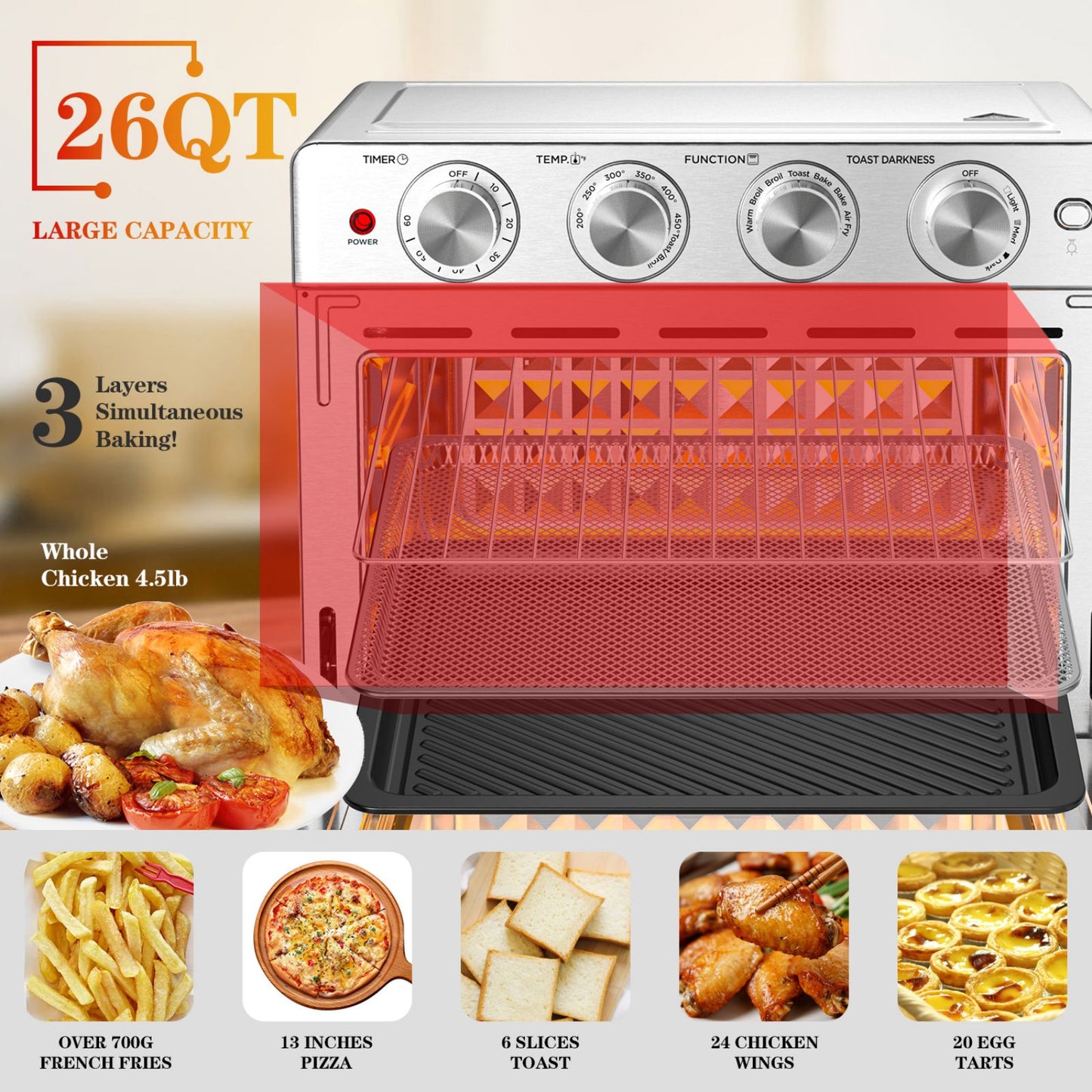 Geek Chef Freidora de aire 6 rebanadas 26QT 26L Freidora de aire Freír Sin aceite Horno tostador extra grande Combo Freidora de aire Horno Asado Hornear Asar Recalentar Horno de convección Encimera Acero inoxidable