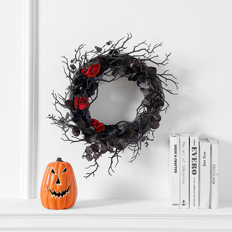 Couronne de branches mortes pour Halloween, Simulation de fleurs, décoration noire