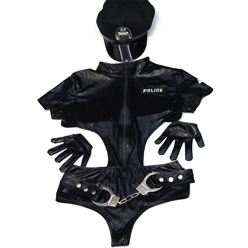 Costume de jeu de fête de carnaval d'Halloween Policière en cuir verni noir