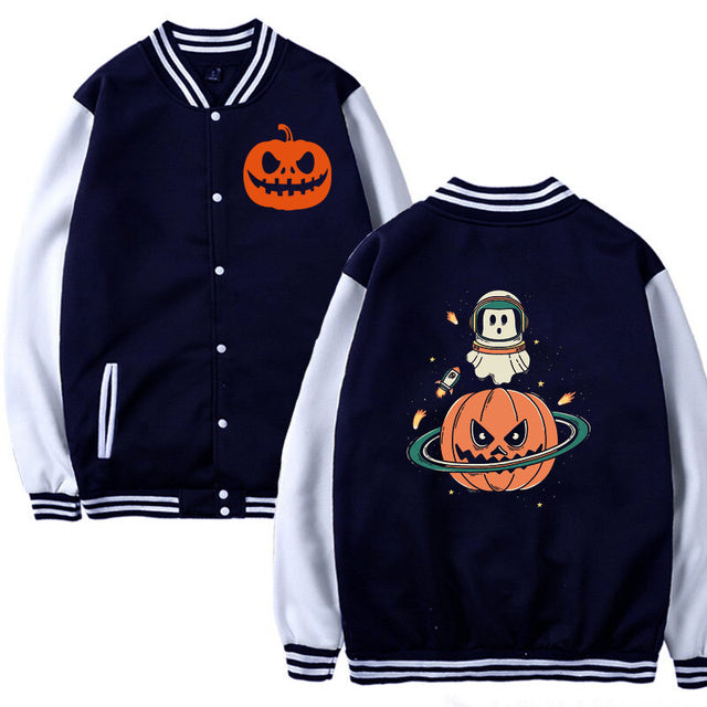 Men Woman Jacket Pumpkin Planet Halloween Print Casual Loose