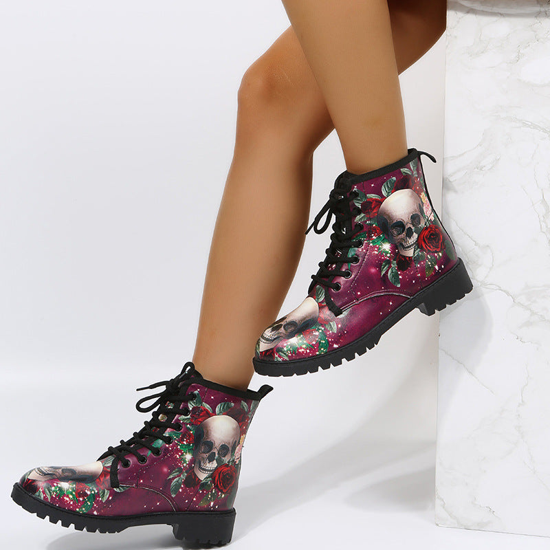 Halloween Shoes Rose Flower Print Lace-up Ankle Boots Women