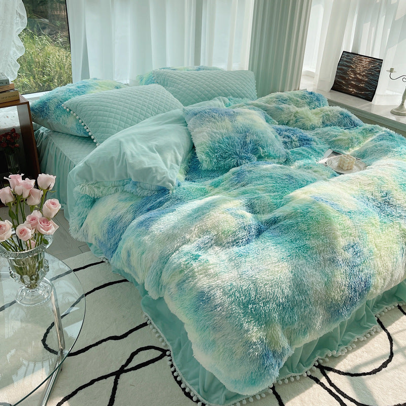 Lit d'hiver en fourrure de vison en fibre de lait Housse de couette longue en laine quatre pièces Velours corail Double face en peluche doublée en polaire Jupe de lit matelassée Style princesse