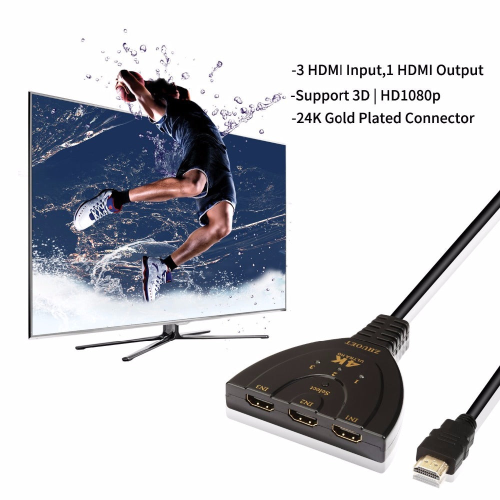 Répartiteur automatique de câble HDMI 2.0 à 3 ports 4K, commutateur 3x1, adaptateur HUB 3D 3 à 4K 2K 3D Mini 3 ports, compatible HDMI