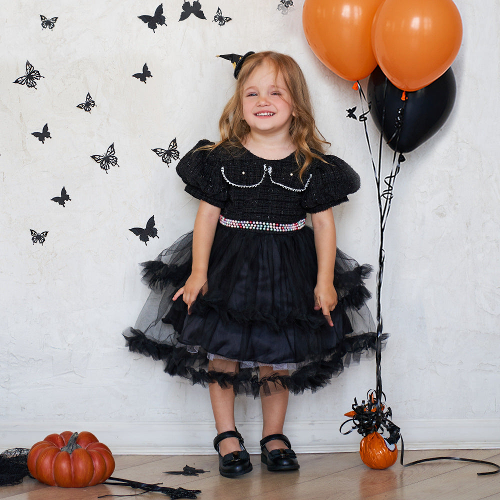 Vestido de Halloween con costura de malla y mangas abullonadas para niñas