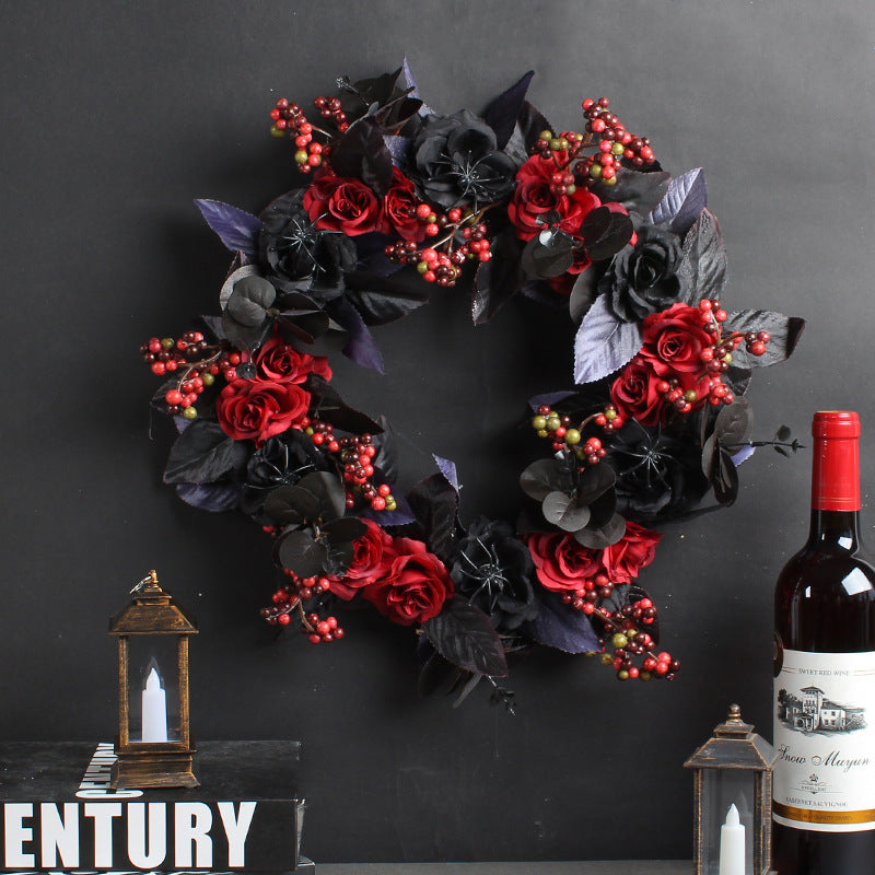 Couronne d'anneaux de roses rouges noires d'Halloween