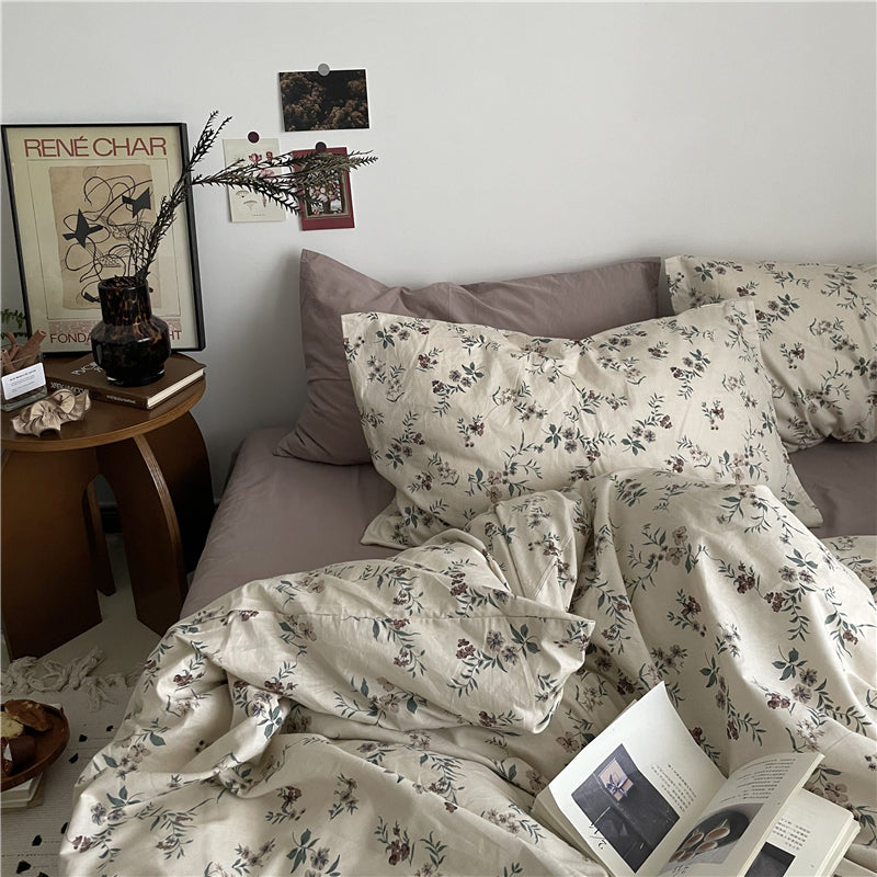 Juego de cama femenino de verano de 4 piezas con cama de algodón floral pequeña para jardín