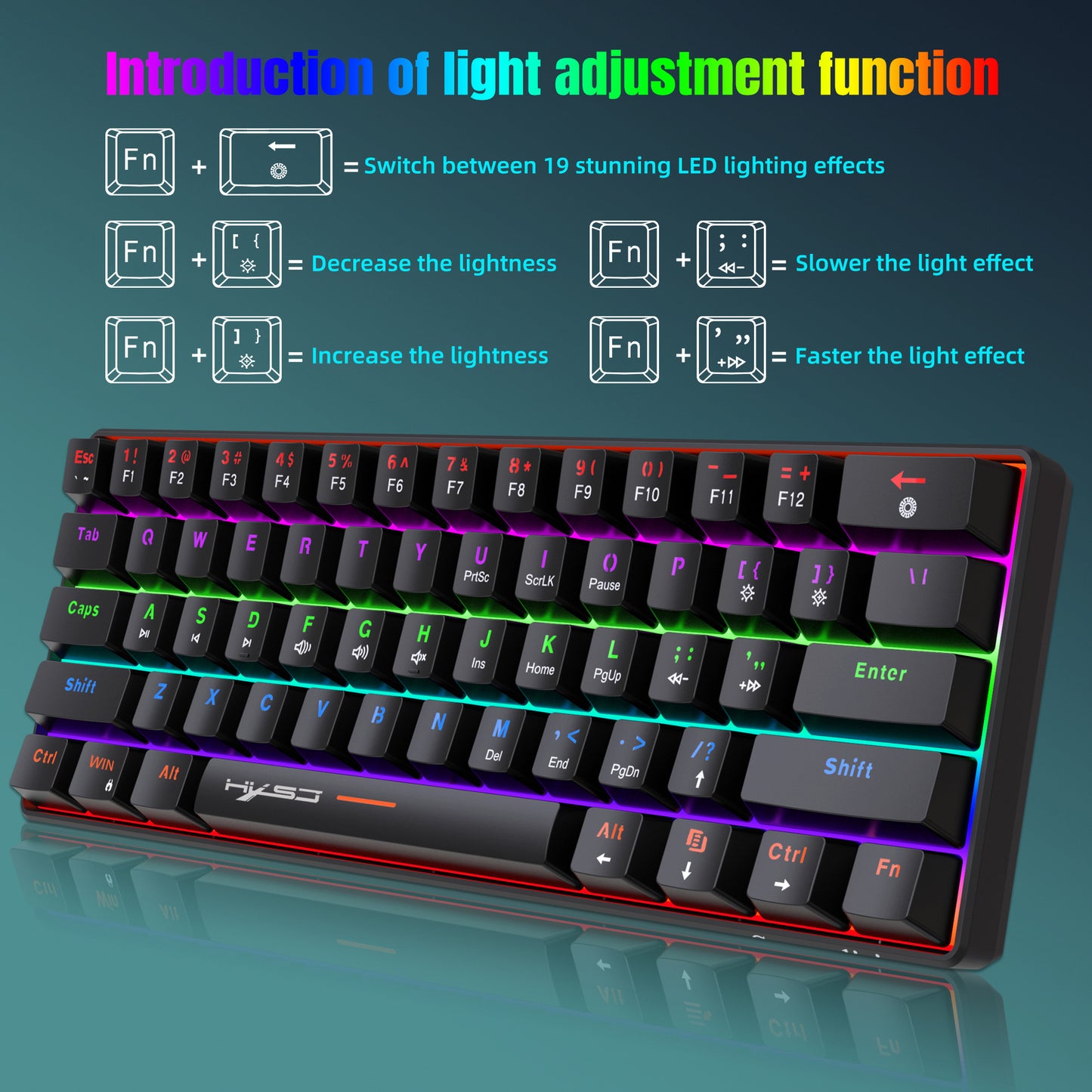 Mini teclado colorido portátil con múltiples luces y eje verde