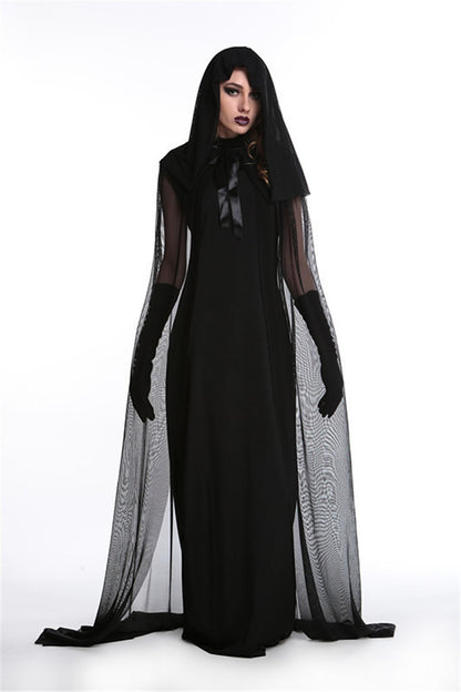 Nouveau Cosplay Halloween Femmes Mort Enfer Sorcière Diable Vampire Uniforme Noir Longue Robe Fête Cosplay Jour Des Morts Costume D'opéra