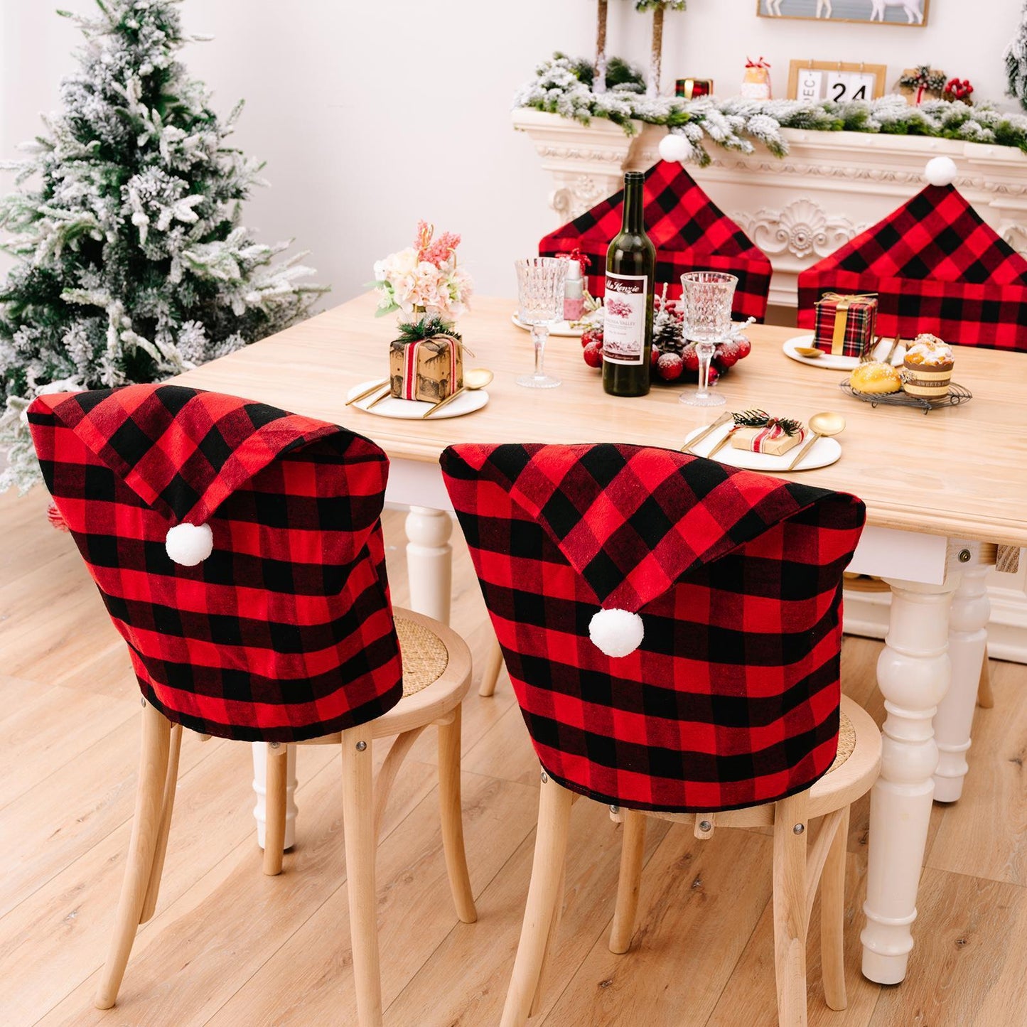 Christmas Season New Home Decorations Red Black Plaid Ribbon White Fur Ball Chair Cover