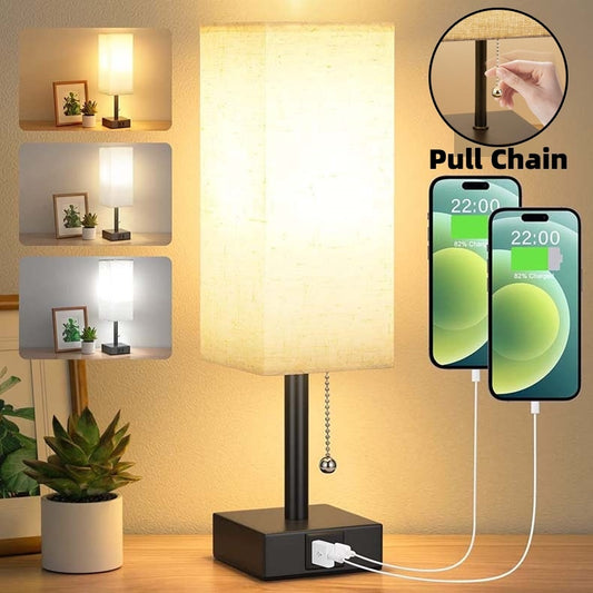 Lampe de table de chevet avec 3 niveaux de luminosité, petite lampe avec USB C et A, lampe de chevet avec chaîne de traction, lampe de chambre à coucher pour vivre, lire, travailler