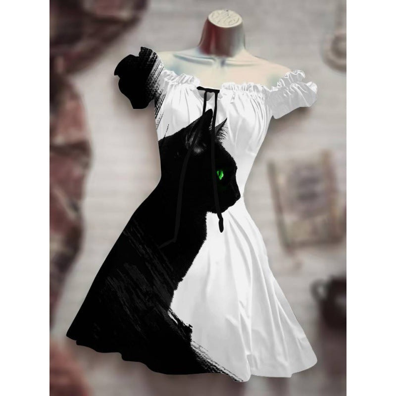 Women's Fashion Temperament Commute Halloween Drawstring Puff Sleeve High Waist Dress