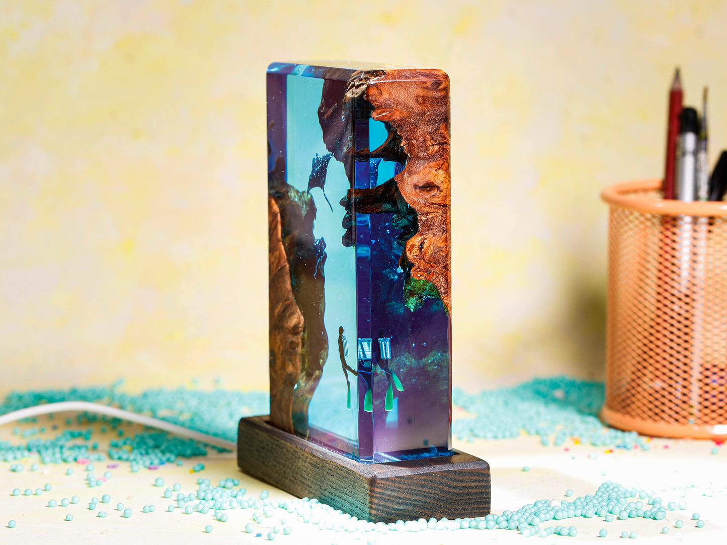 Square Wood Resin Ocean Small Night Lamp