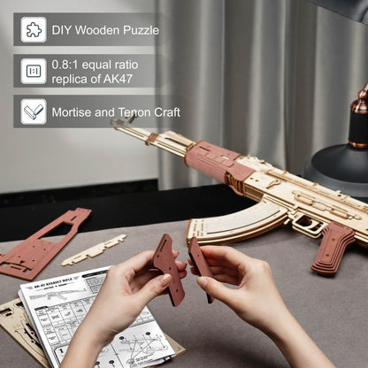 Robotime Rokr Rifle automático AK-47 pistola para ensamblaje de madera 3D modos de disparo doble divertidos juguetes DIY para niños adultos Justice Guar LQ901