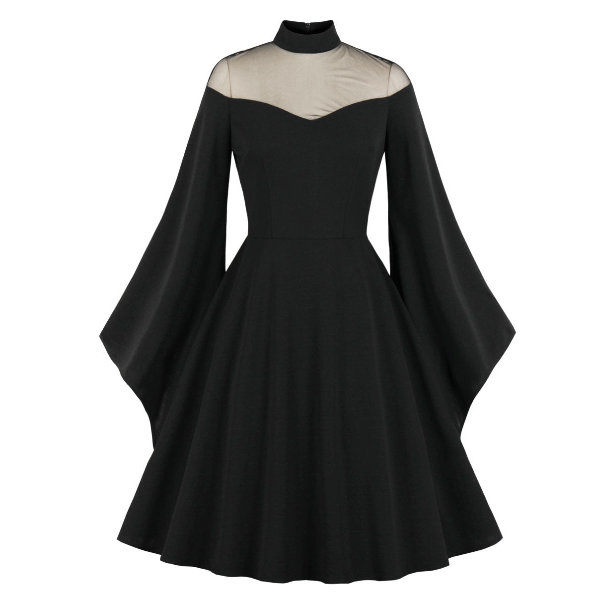 Halloween Black Queen Mesh Flared Sleeves Patchwork Retro Dress