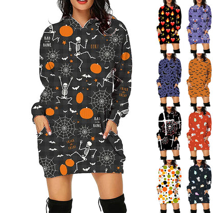 Sudadera con capucha larga con estampado de Halloween y bolsillos, suéter de manga larga, ropa para mujer