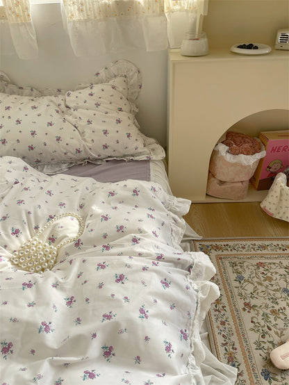 Drap de lit en coton à quatre pièces avec housse de couette et jupe de lit en dentelle