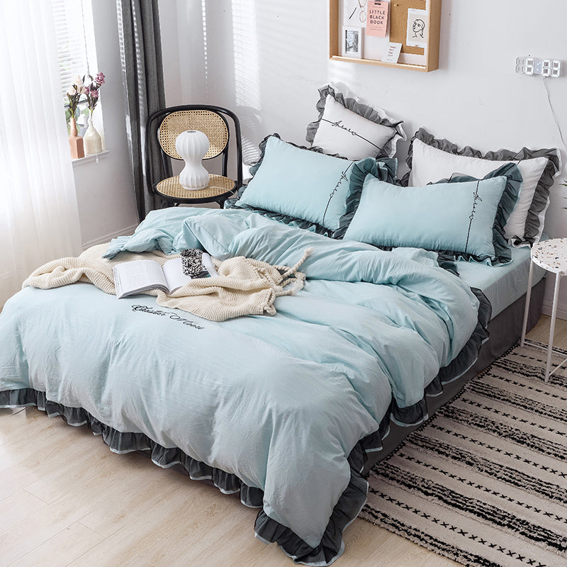 Washed Cotton Bedding Four-piece Net Celebrity Princess Style Brushed Sheet Duvet Cover Single Three-piece Bed Sheet