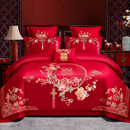 Conjunto de cuatro piezas para boda roja, venta al por mayor, ropa de cama bordada de algodón puro para boda, edredón Xi para cama de matrimonio, dragón y fénix