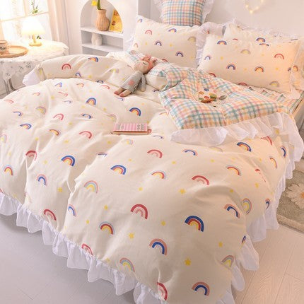 Ins Fashion Solid Cotton Bedding Set with Fitted Bed Sheet Cute Princess AB Double Sided Ruffle Quilt Cover Pillowcase Full Size