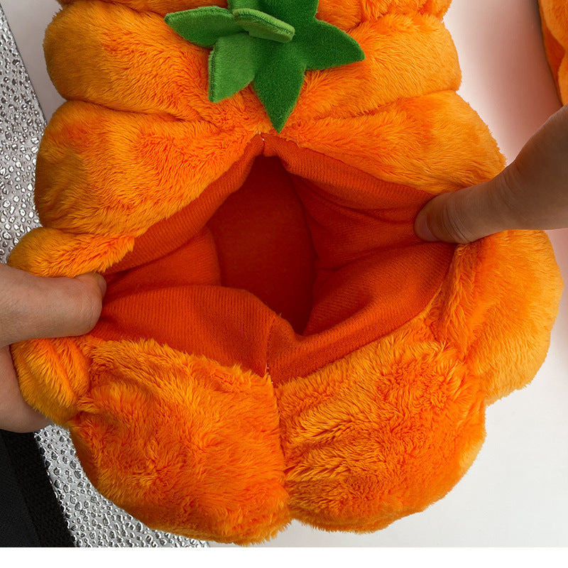 Pantuflas de felpa con forma de calabaza de Halloween para dormitorio de mujer