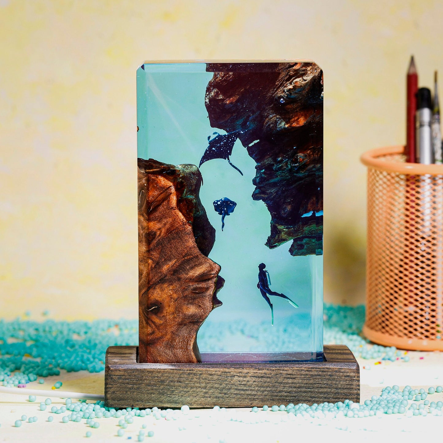 Square Wood Resin Ocean Small Night Lamp