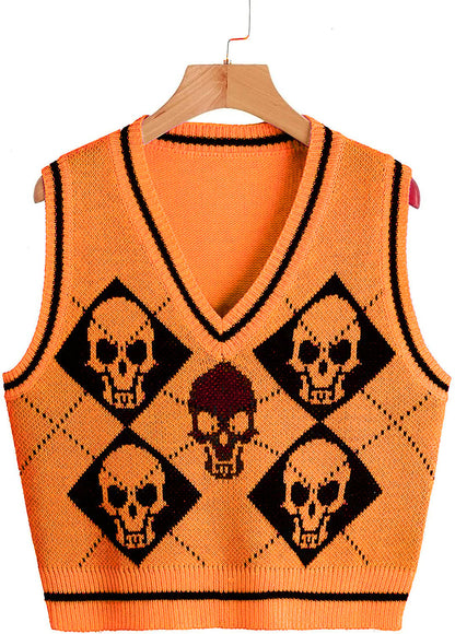 Pull d'Halloween en tricot à col en V pour veste gilet pour femme