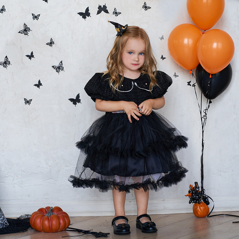 Vestido de Halloween con costura de malla y mangas abullonadas para niñas