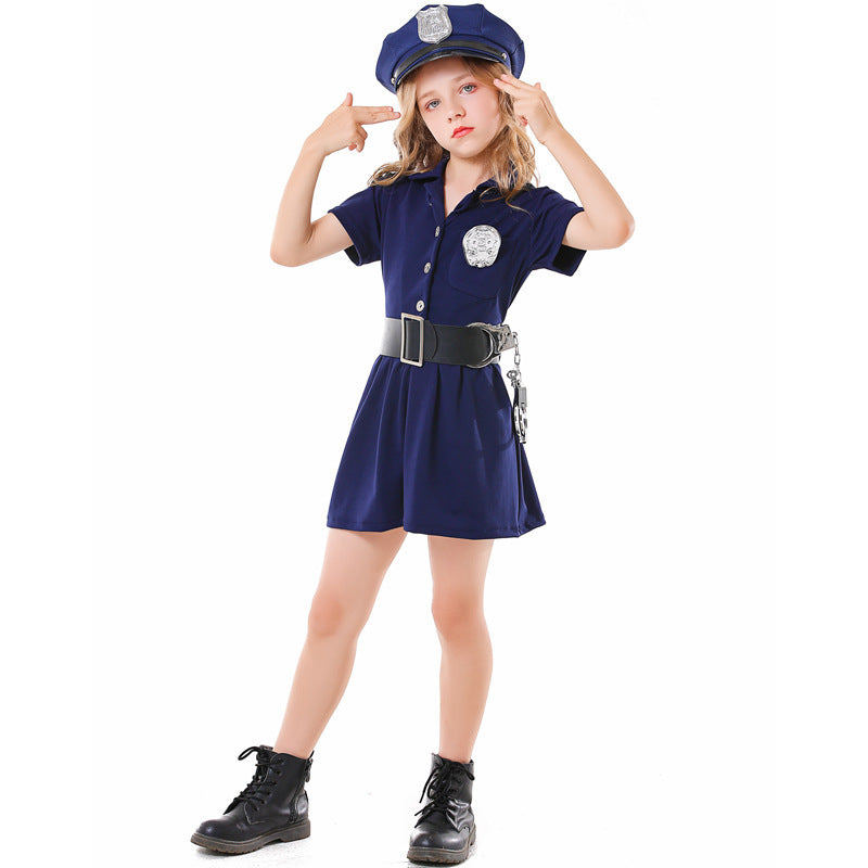 Halloween Parent-child Experience Costume Blue Button Policewoman Dress