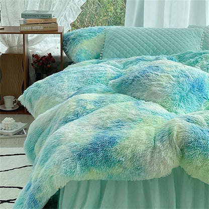 Cama de piel de visón de invierno de fibra de leche, funda de edredón de lana larga de cuatro piezas, terciopelo Coral, falda de cama acolchada con forro polar de felpa de doble cara, estilo princesa