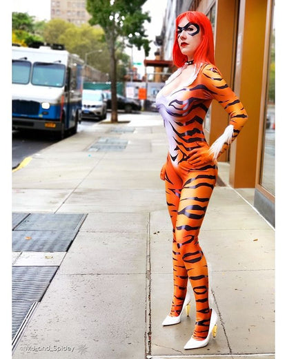 Halloween Girls Red Black Cat Cosplay Tiger Print Bodysuit