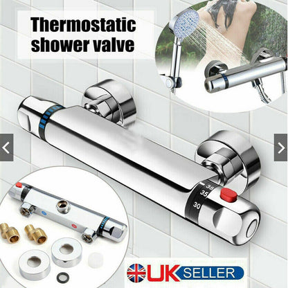 Thermostatic Exposed Bar Shower Mixer Valve Tap Chrome Bottom 1-2 Outlet New