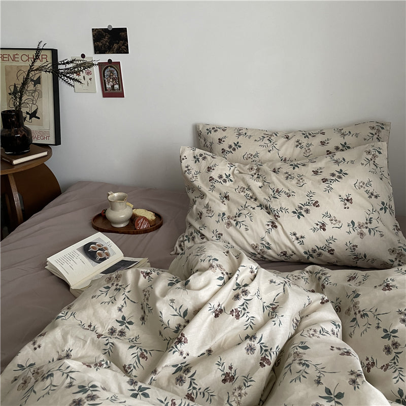 Juego de cama femenino de verano de 4 piezas con cama de algodón floral pequeña para jardín