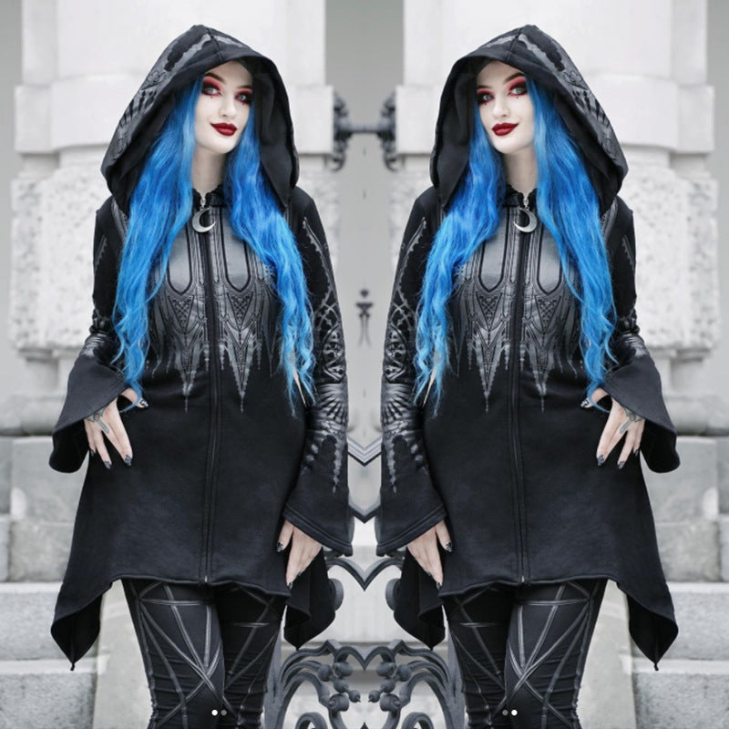 Halloween Cosplay Hoodie Women's Punk Black Long Hooded Printed Sweater