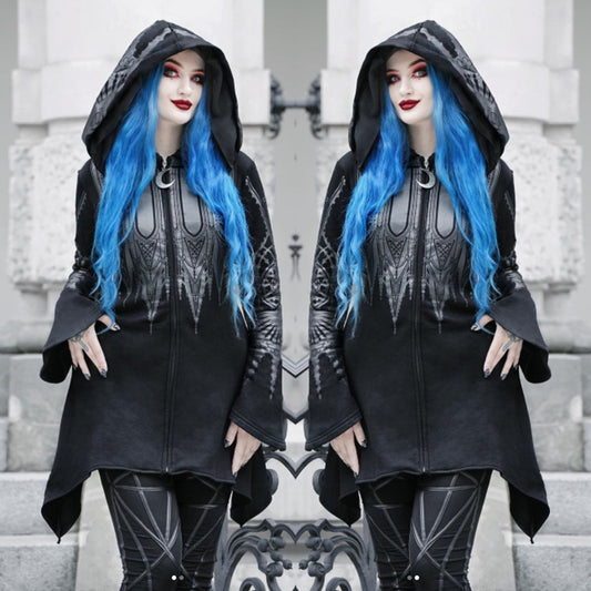 Halloween Cosplay Hoodie Women's Punk Black Long Hooded Printed Sweater