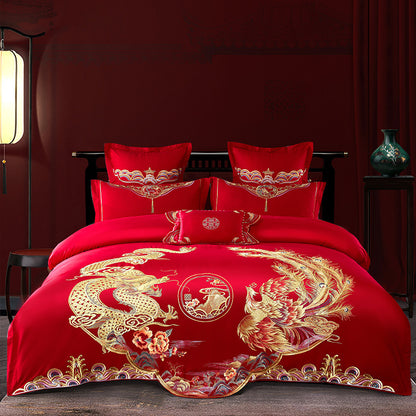 Conjunto de cuatro piezas para boda roja, venta al por mayor, ropa de cama bordada de algodón puro para boda, edredón Xi para cama de matrimonio, dragón y fénix