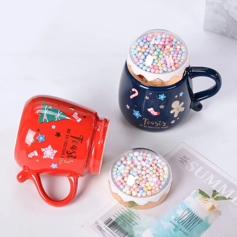 Christmas Mugs Set With Lid And Spoon Xmas Gift Box Set Ceramic Cartoon Couples Santa Claus Milk Cocoa Cup For Home Office