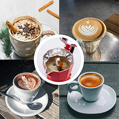 Cafetera espresso para estufa, 6 tazas, 300 ml, juego de regalo de olla Moka de aluminio, café Greca cubano italiano, fácil de usar y limpiar, juego que incluye 2 tazas, cuchara, rojo, regalo perfecto para los amantes del café