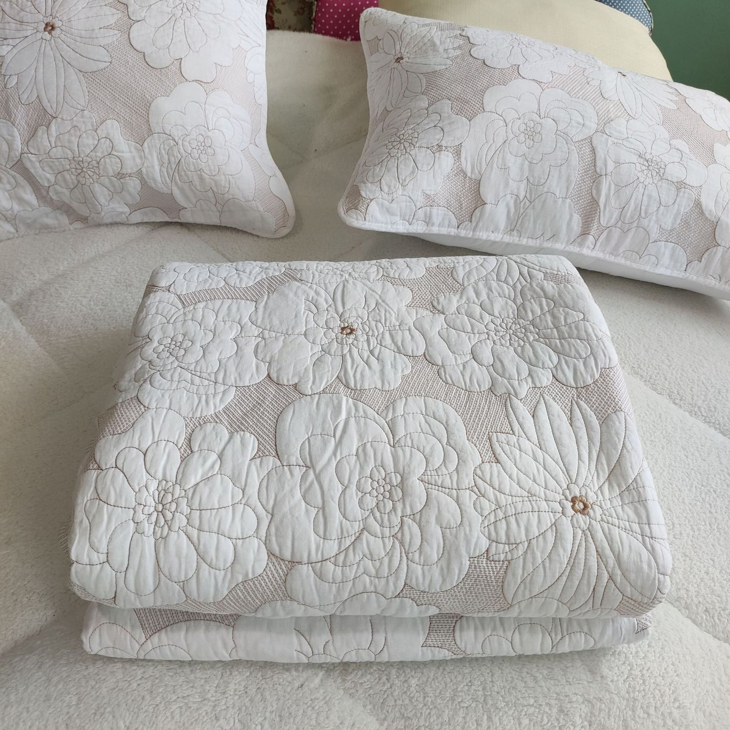 Cotton Thickened Pure White Beige Camellia Embroidery Three-piece Bed Cover Set