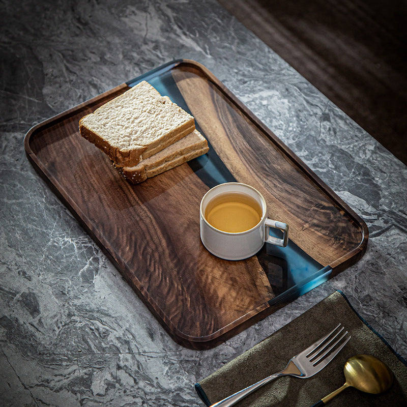 Bandeja rectangular de resina de nogal para el hogar, mesa de té pequeña de madera maciza, fruta, color negro