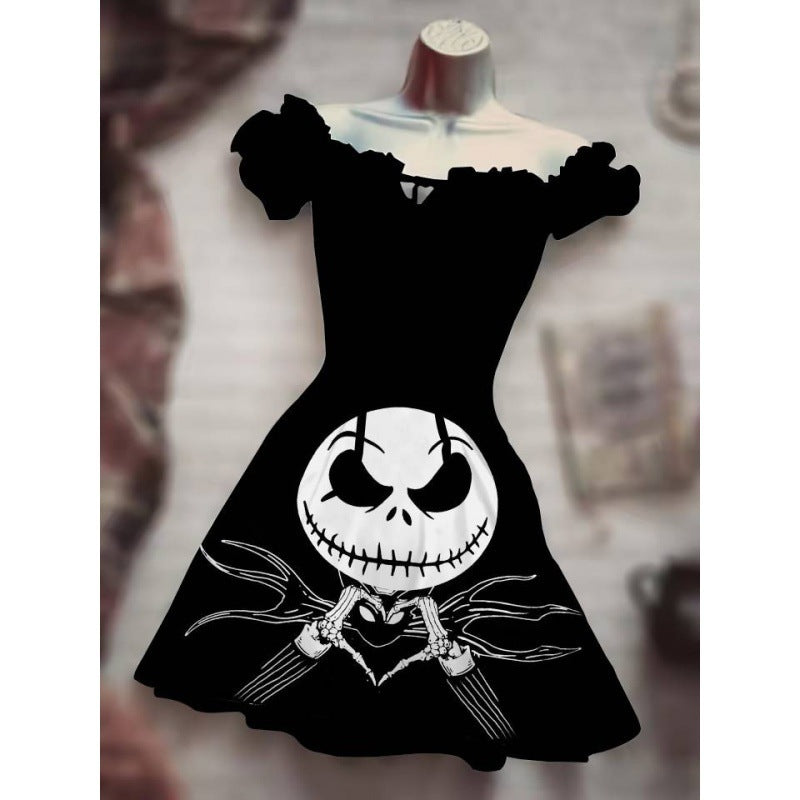 Women's Fashion Temperament Commute Halloween Drawstring Puff Sleeve High Waist Dress