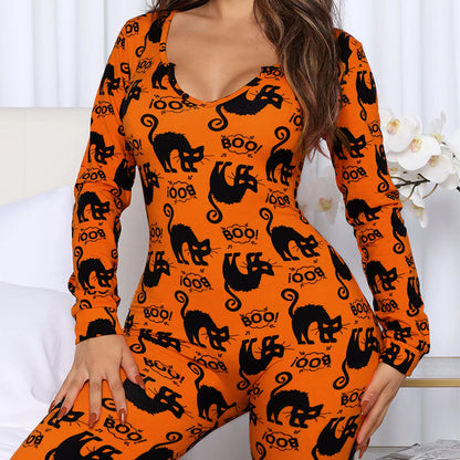 Mono estampado de Halloween, pijamas de manga larga para el hogar, pantalones casuales, ropa Cos para mujer