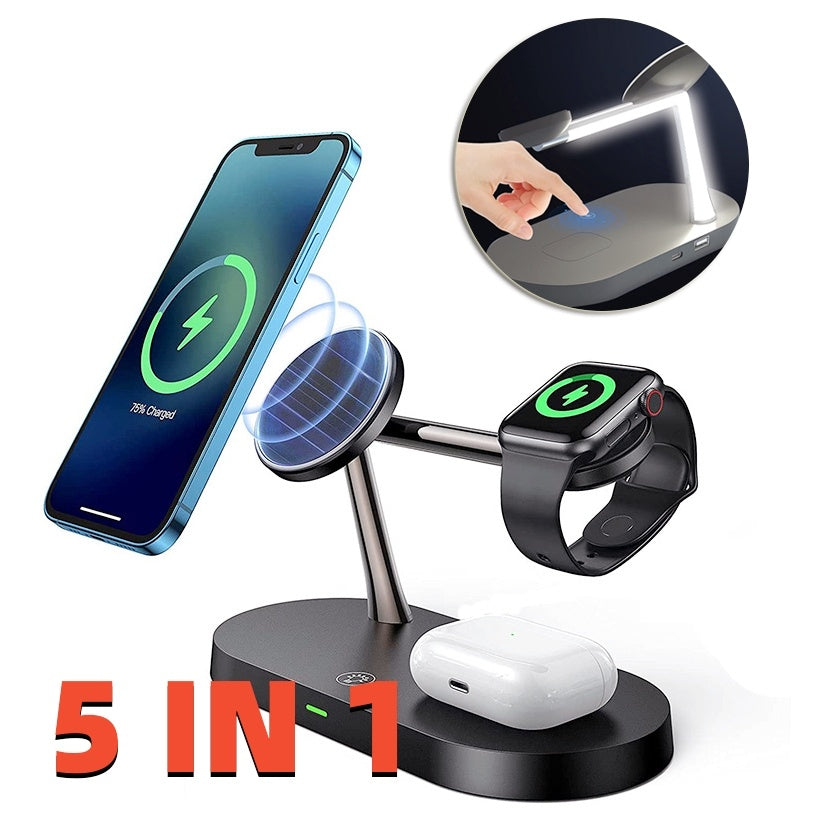 Multifonctionnel cinq-en-un magnétique sans fil Charge montre casque bureau support pour téléphone portable chargeur 15W Charge rapide