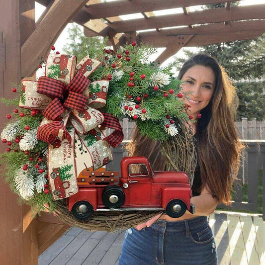 Guirnalda de calabaza con camión rojo para colgar en la puerta con adornos navideños