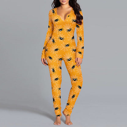 Mono estampado de Halloween, pijamas de manga larga para el hogar, pantalones casuales, ropa Cos para mujer