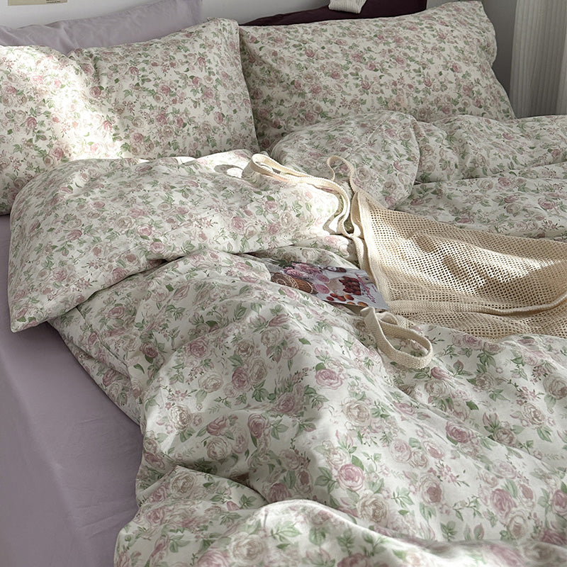 Juego de cama femenino de verano de 4 piezas con cama de algodón floral pequeña para jardín