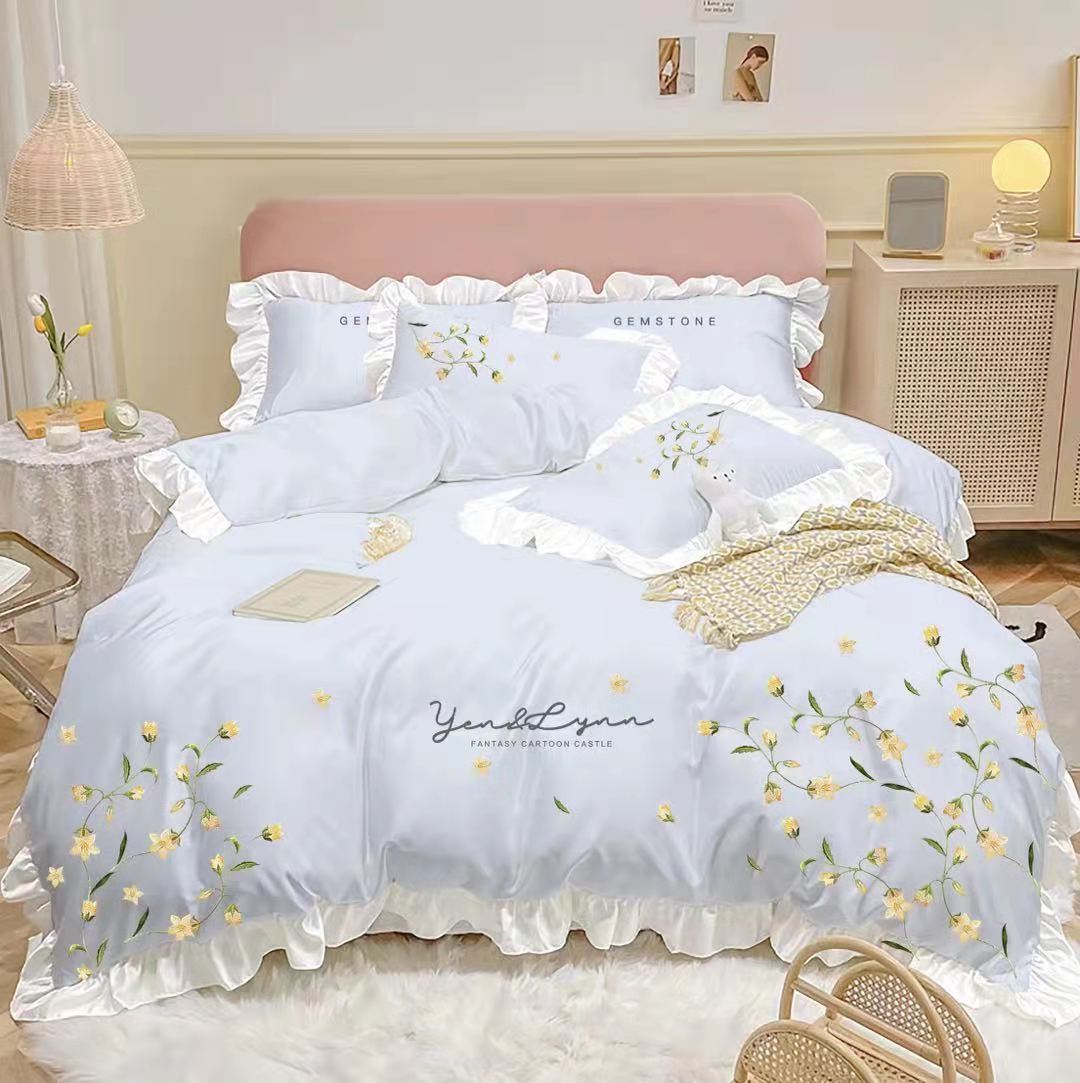 Four-piece Embroidered Quilt Cover For Washed Cotton Bed