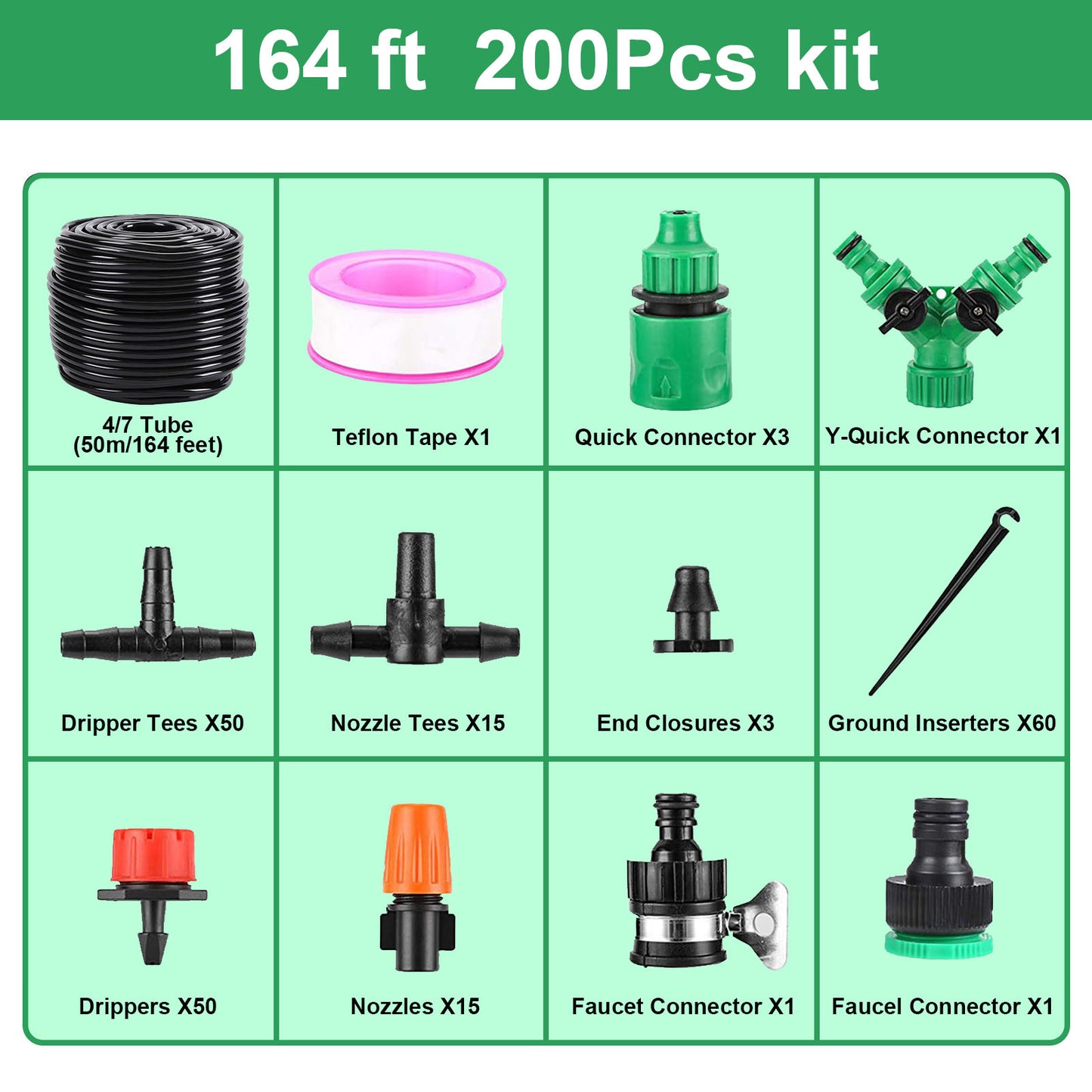 Kit de riego por goteo para jardín, kit de sistema de riego por goteo microautomático para invernadero de 164 pies con manguera de distribución en blanco, boquilla de nebulización ajustable para patio, emisores, púa de rociador 